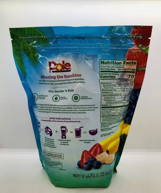 Dole Fruit & Veggie Blends Berries'n Kale Strawberry, Banana, Blueberry & Kale Frozen 907g