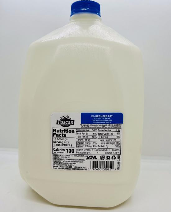 Tuscan dairy farms 2% reduced fat milk vitamin A & D 37% less fat than regular milk 1 gallon