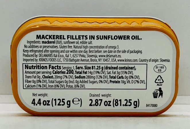 Delamaris Mackerel Fillets in Sunflower Oil 125g.