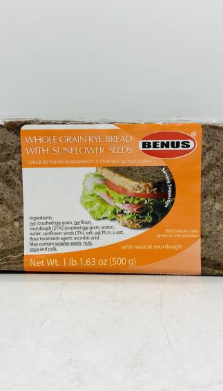 Benus Whole Grain Rye Bread with Sunflower Seeds 500g