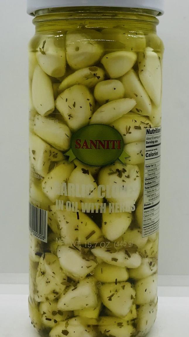 Sanniti Garlic Cloves in Oil w. Herbs 445g.