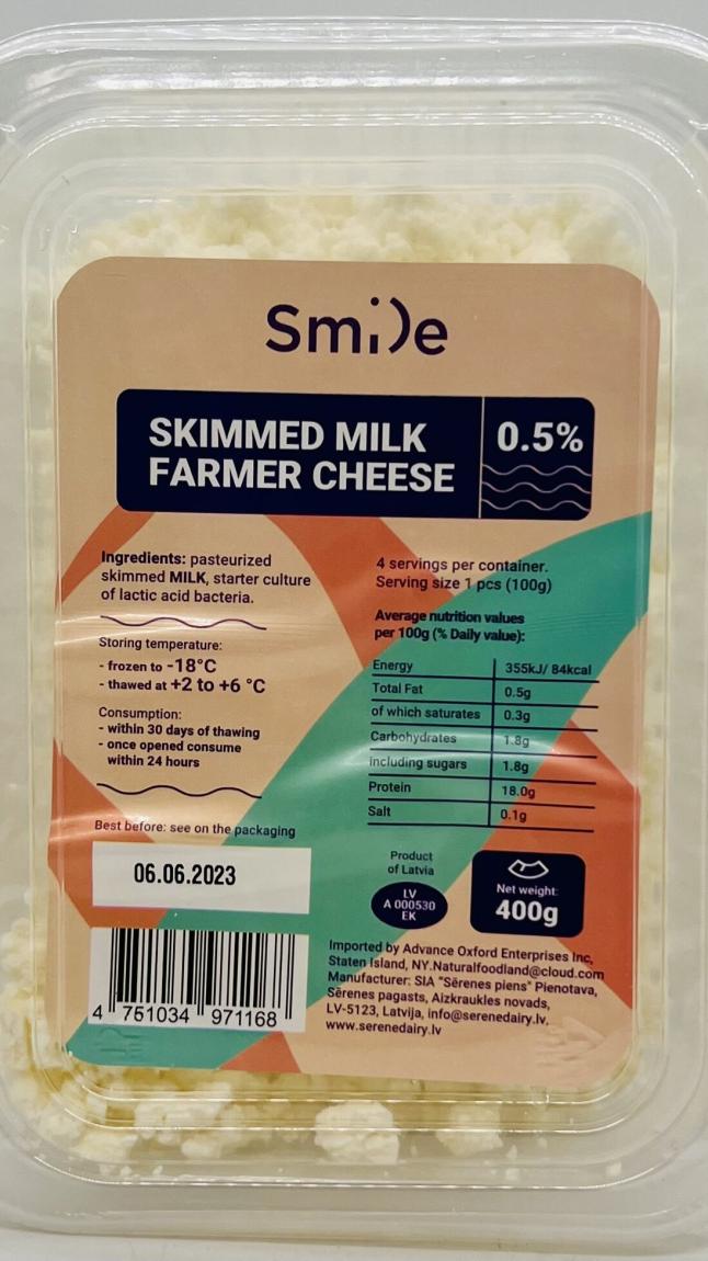 Smile Skimmed Milk Farmer Cheese 400g.