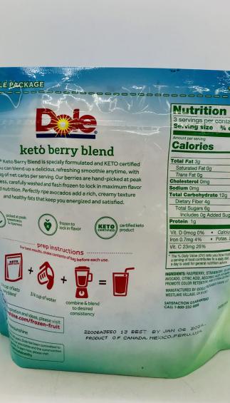 Dole Keto Berry Blend Raspberries, Strawberries, Blueberries & Avocado Keep Frozen 340g