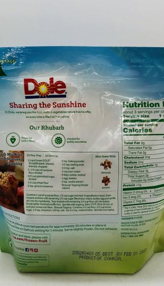 Dole Sliced Rhubarb Keep Frozen 454g