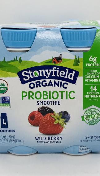 Stonyfield Organic probiotic wild berry smoothie 710mL.