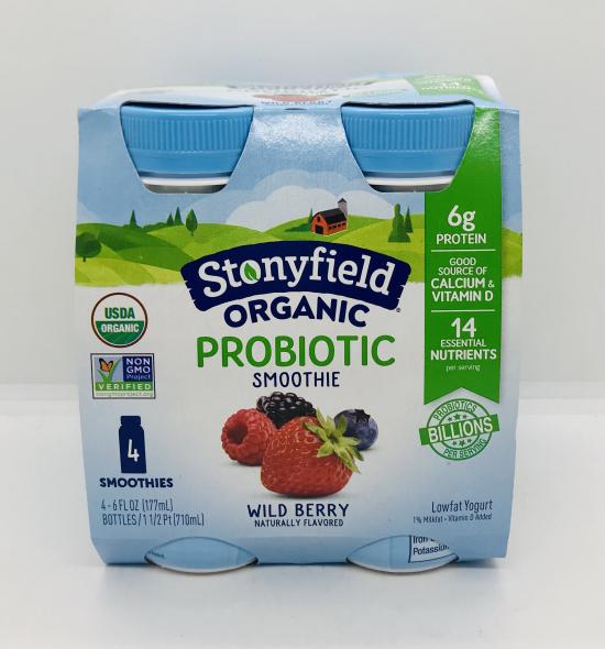 Stonyfield Organic probiotic wild berry smoothie 710mL.